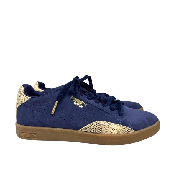 Puma Match Sneakers Women’s Size 7 Navy Suede Gold Snake Detail Gum Sole - Picture 13 of 13